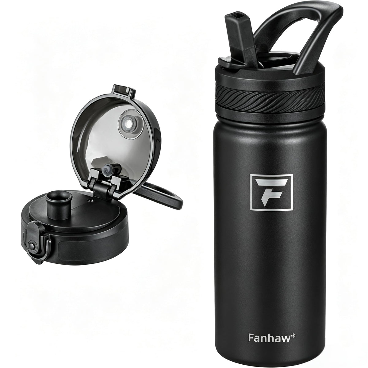 Fanhaw 32 oz Insulated Water Bottle – Portable Stainless Steel Flask with 3 Lids (Straw, Chug, Carabiner) | Leakproof, for Gym, Hiking, Work, Travel & Everyday Use (Black)