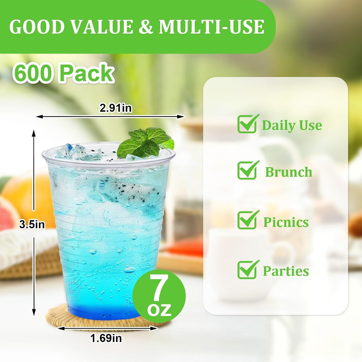 600 Pack 7 oz Plastic Cups, Rimmed Disposable Cold Cups