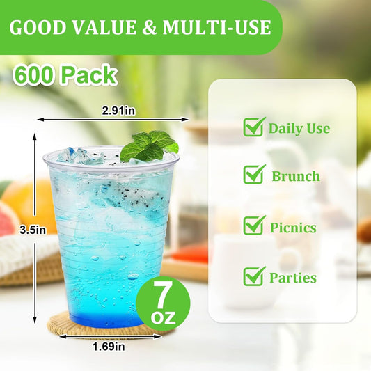 600 Pack 7 oz Plastic Cups, Rimmed Disposable Cold Cups
