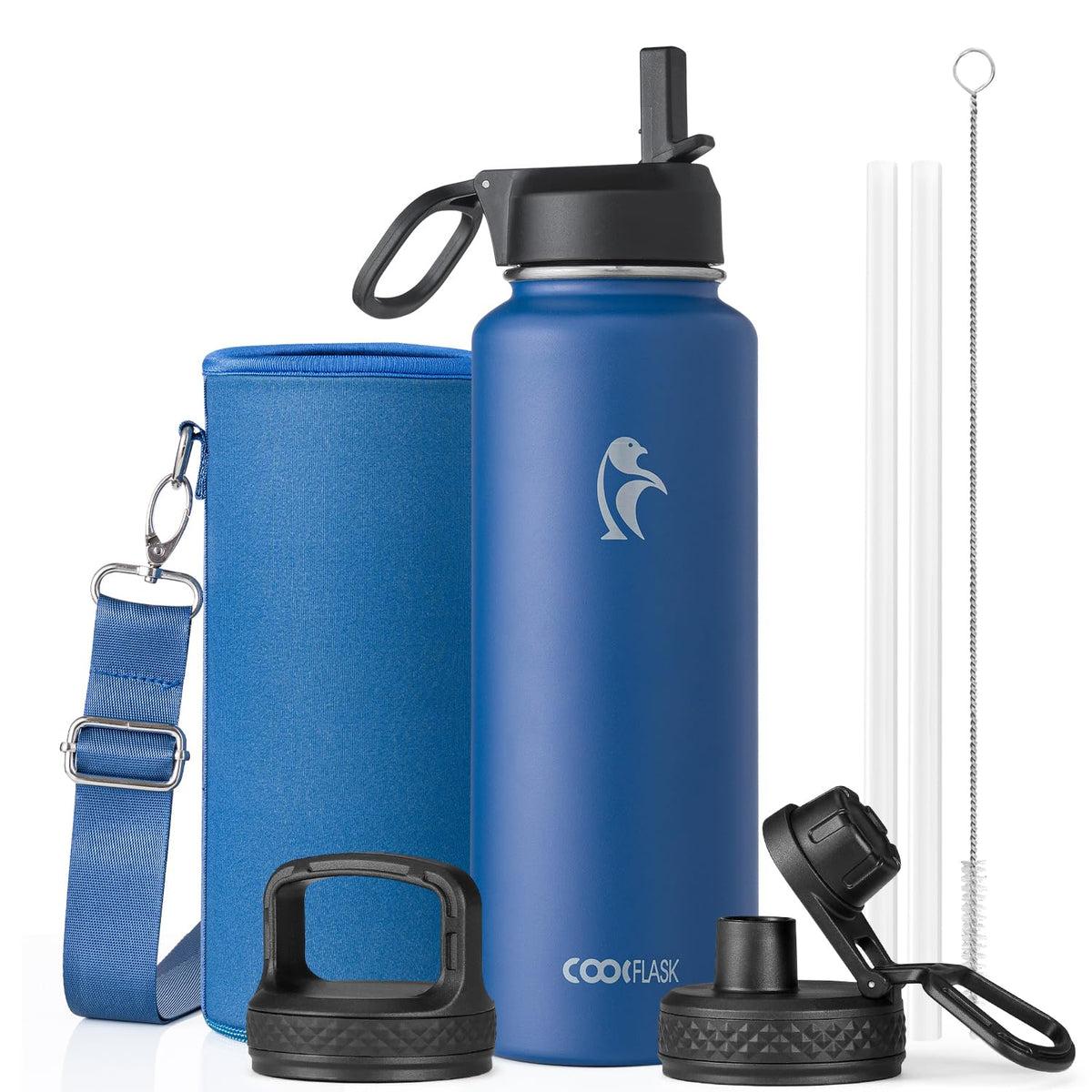 Coolflask 40 oz Water Bottle Insulated with Straw & 3 Leakproof Lids