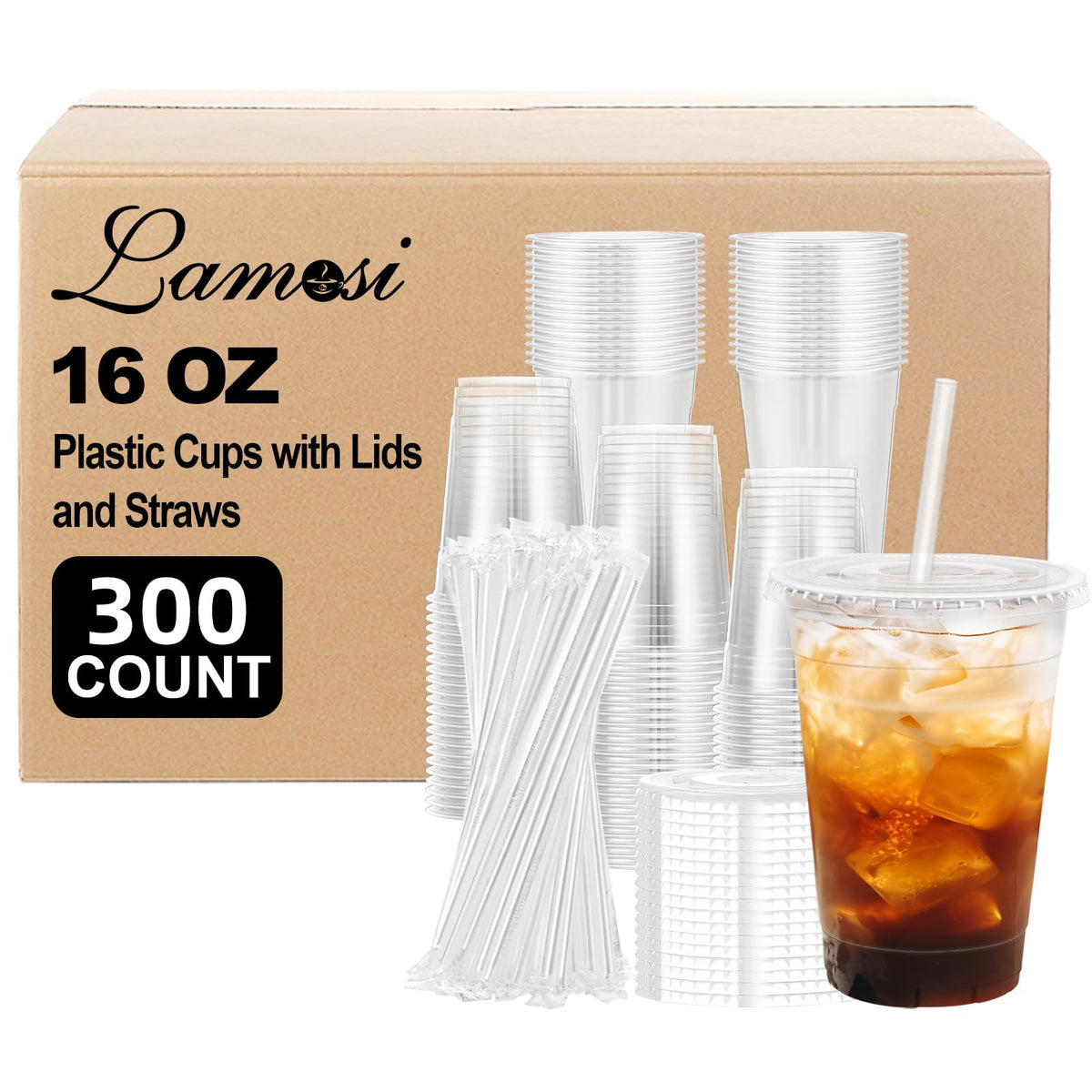 Lamosi 100 Pack 20 oz Plastic Coffee Cups with Lids, Disposable Clear Cups