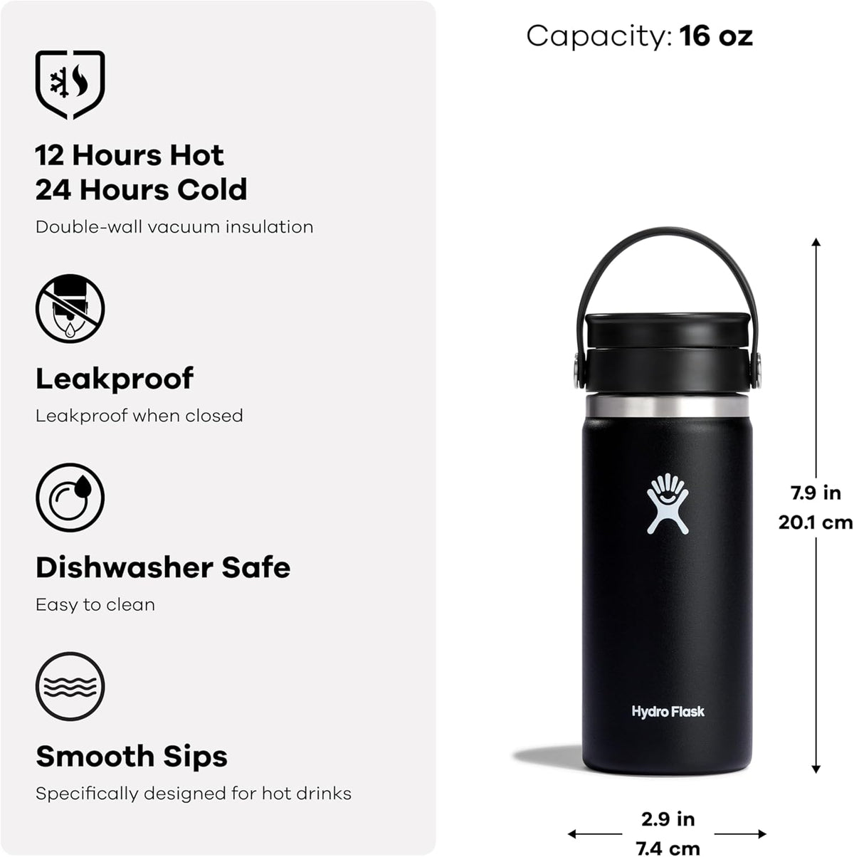 Hydro Flask Water Bottle - Insulated Stainless Steel - Wide Mouth Flex Sip Lid, Non Spill, Leakproof and Refillable in 16 Oz White