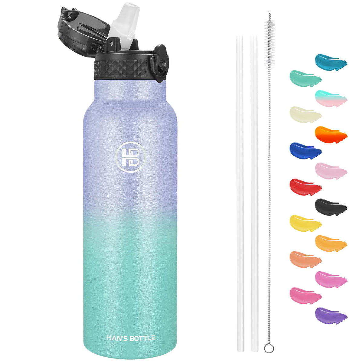 Han's Bottle Sports Water Bottle - 24 Oz, Straw Lid, Leak Proof, Vacuum Insulated Stainless Steel, Double Walled, Thermo Mug,Black