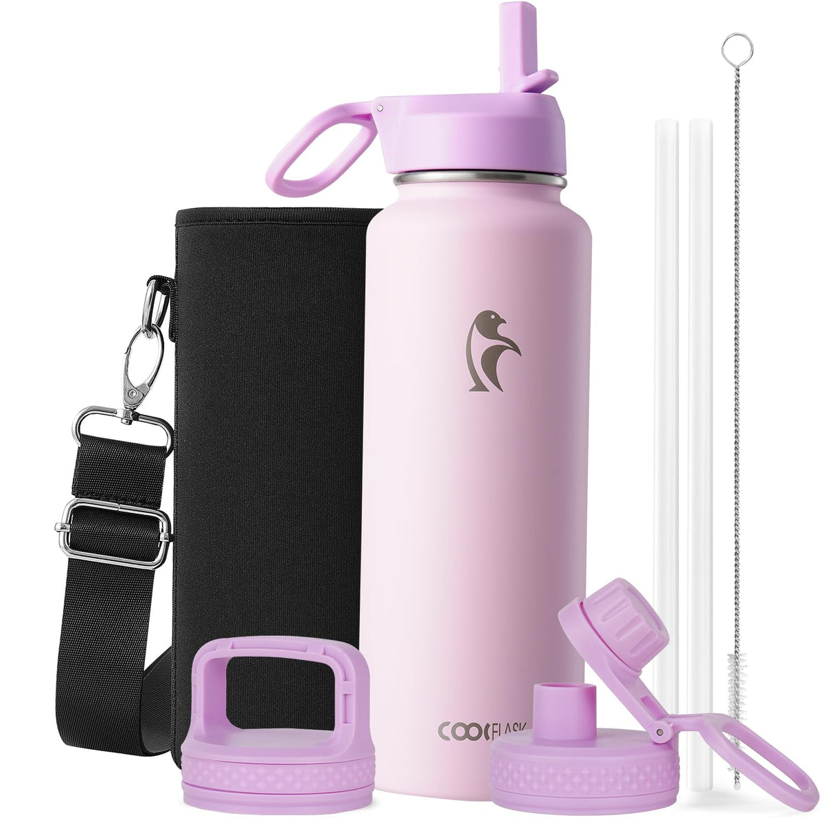 Coolflask Half Gallon Water Bottle Insulated with Straw & 3 Leakproof Lids