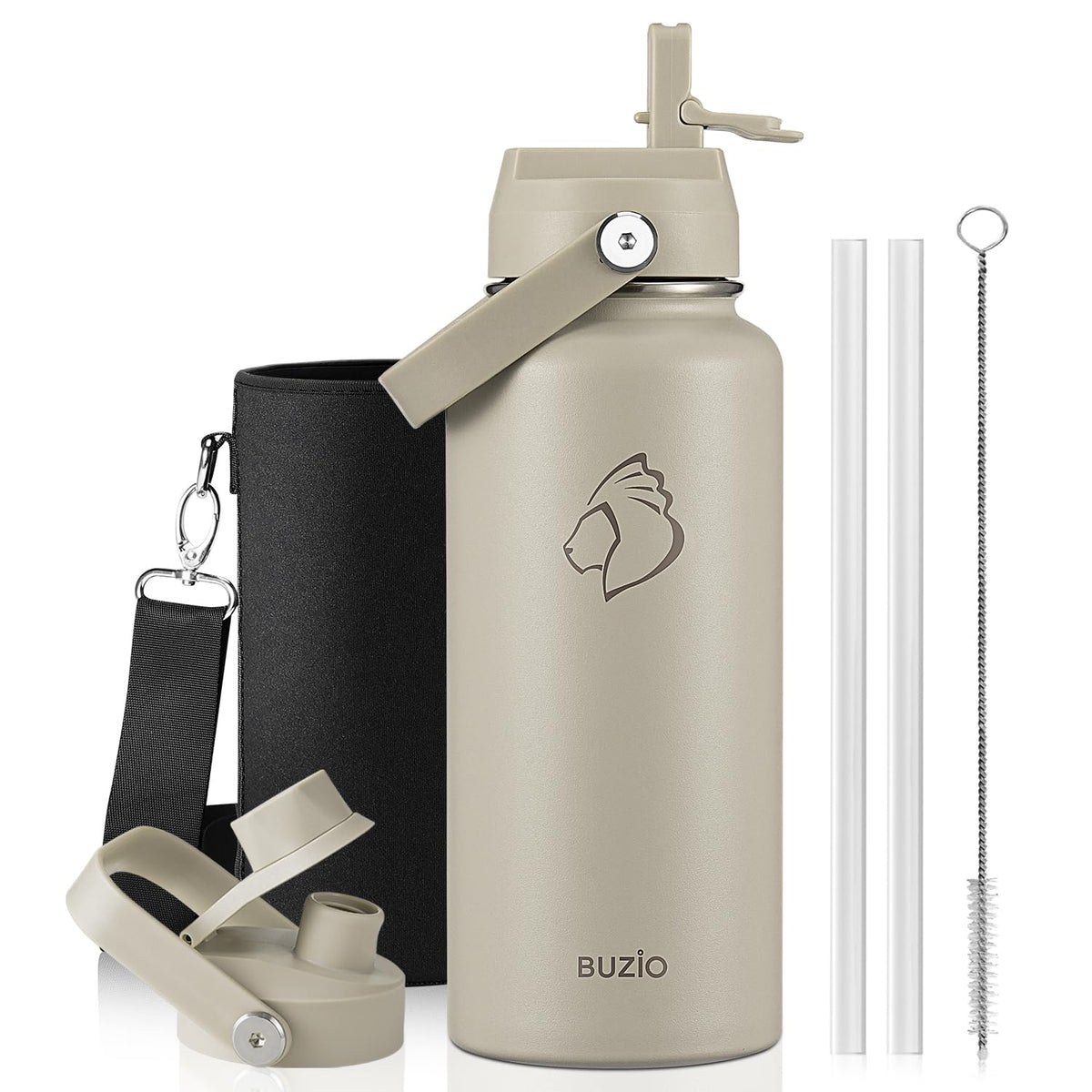 BUZIO 64 oz Insulated Stainless Steel Water Bottle with Dust-proof Lids