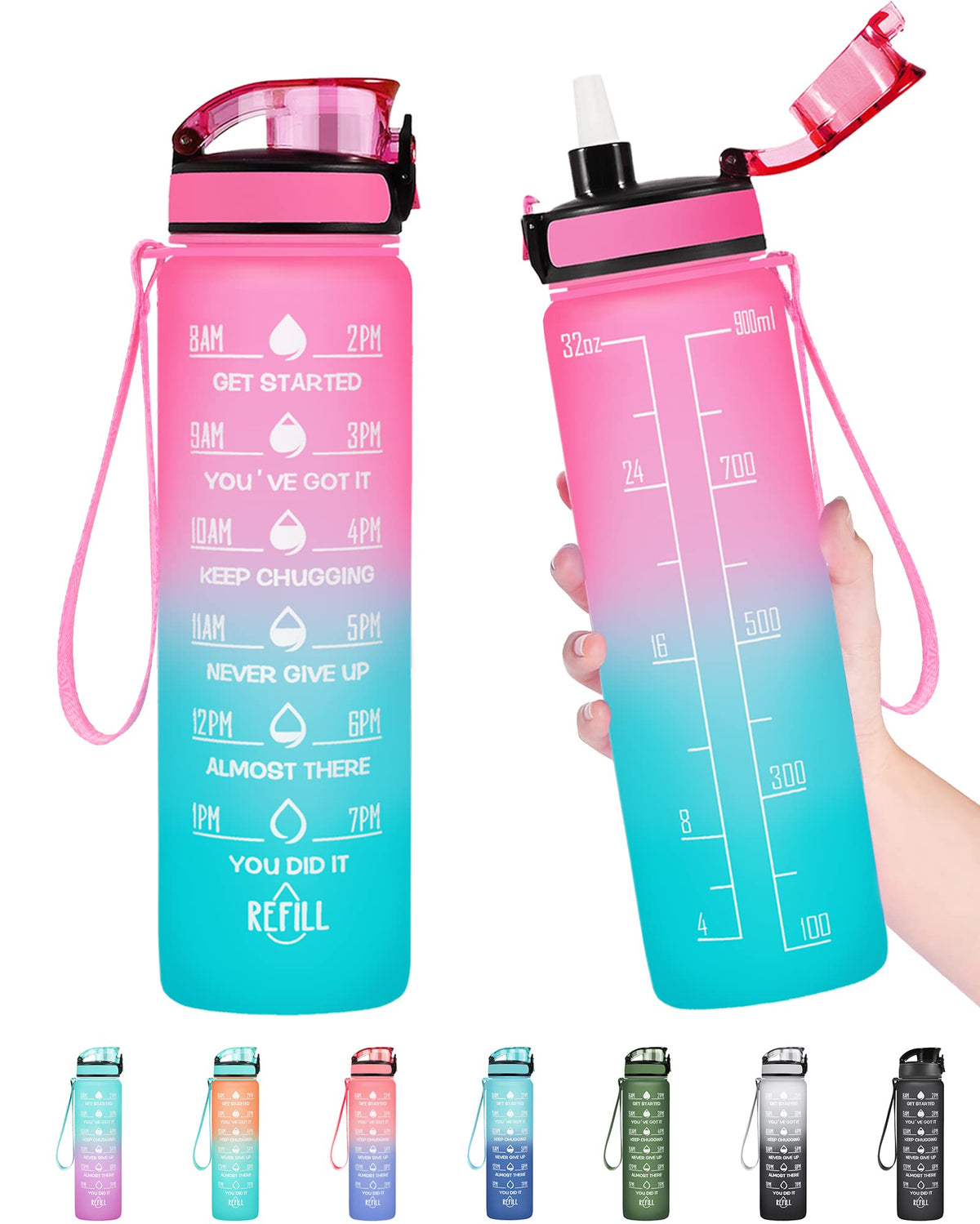 Enerbone Water Bottle, Leakproof BPA & Toxic Free, Motivational Water Bottle with Times to Drink and Straw, Fitness Sports Water Bottle with Strap for Office, Gym, Outdoor Sports