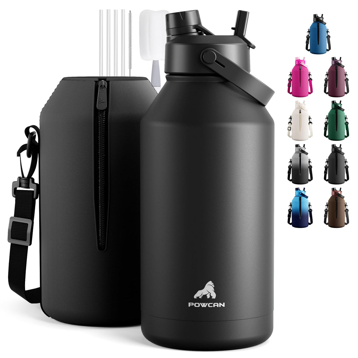POWCAN 64 oz Insulated Water Bottle for Sports: 2-in-1 Straw & Spout Lid, Leakproof, Carrier Bag, Shoulder Strap, Keep Cold 48H, BPA-Free, Half Gallon Metal Water Jug for Gym, Travel, Gift (Midnight)