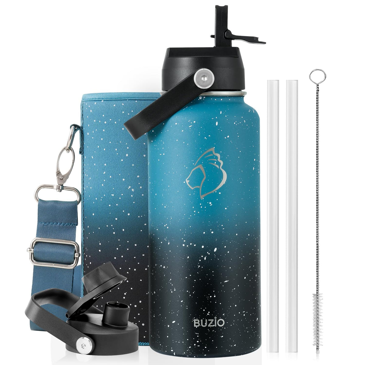 BUZIO 64 oz Insulated Stainless Steel Water Bottle with Dust-proof Lids