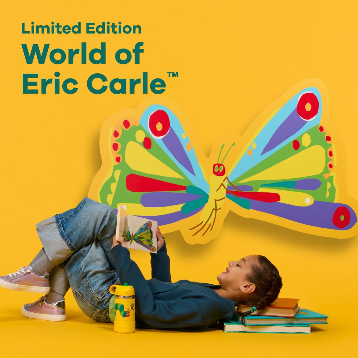 Hydro Flask Kids Water Bottle for School - Stainless Steel and Insulated with Straw Cap - 12 Oz World of Eric Carle Caterpillar Yellow