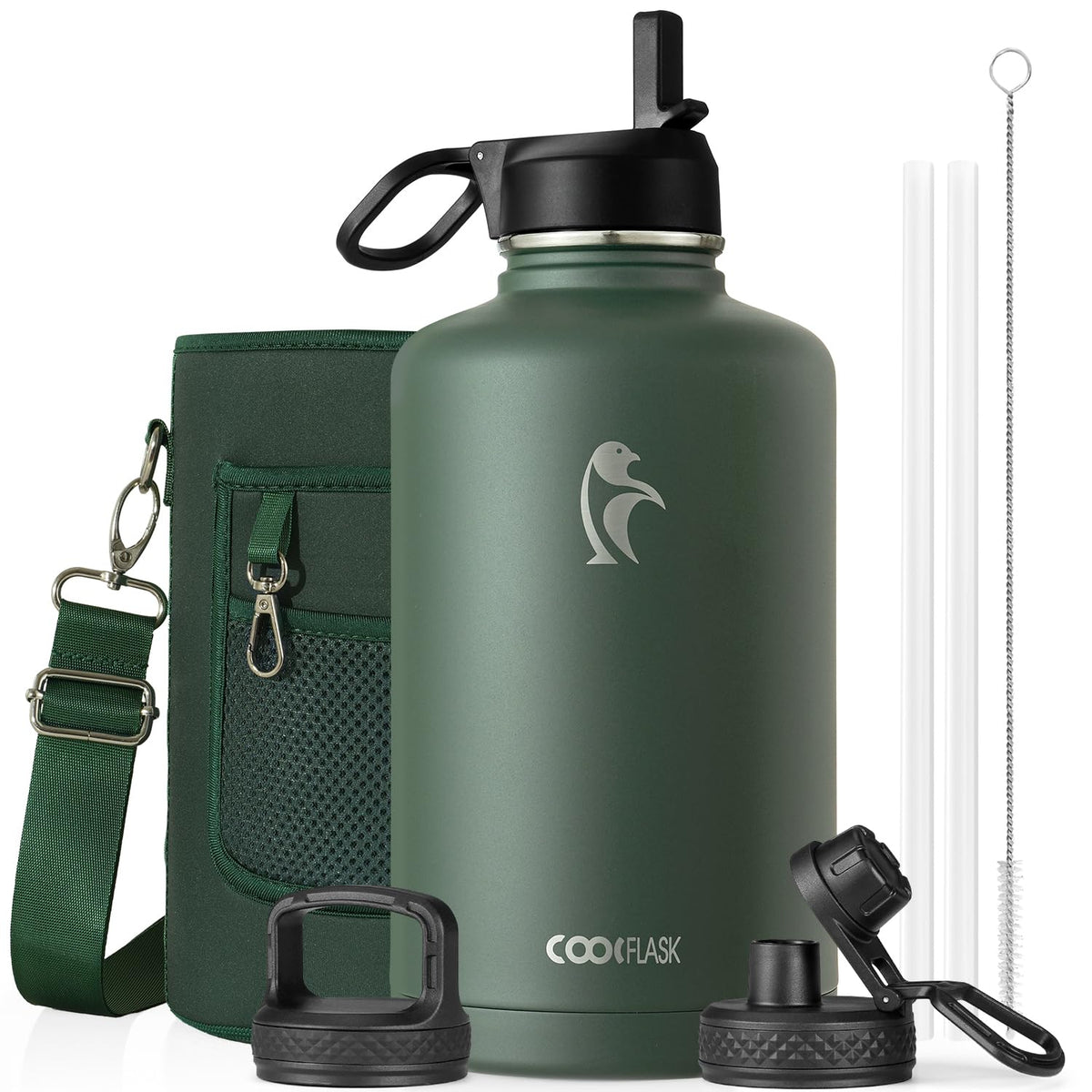 Coolflask 40 oz Water Bottle Insulated with Straw & 3 Leakproof Lids