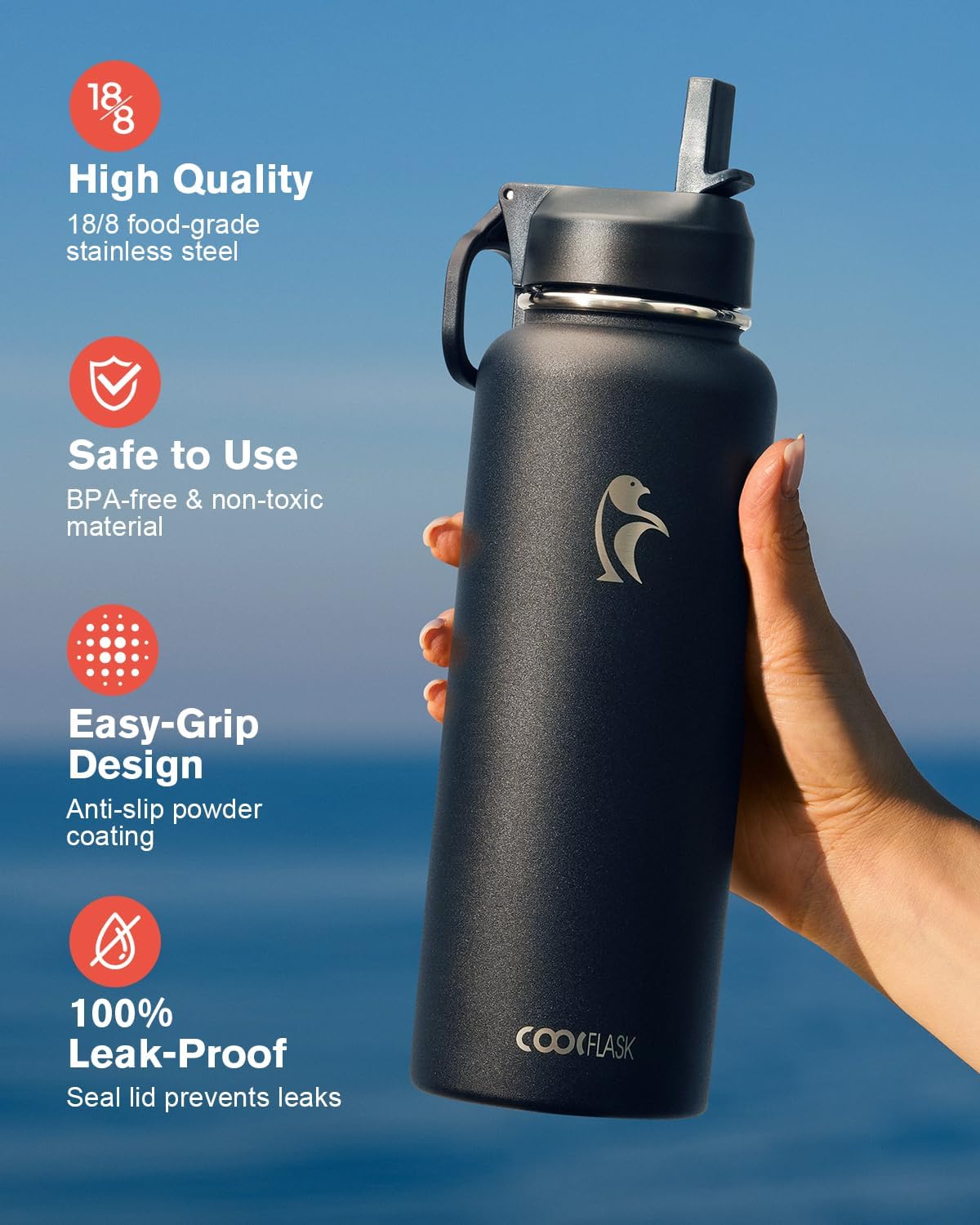 Coolflask 40 oz Water Bottle Insulated with Straw & 3 Leakproof Lids