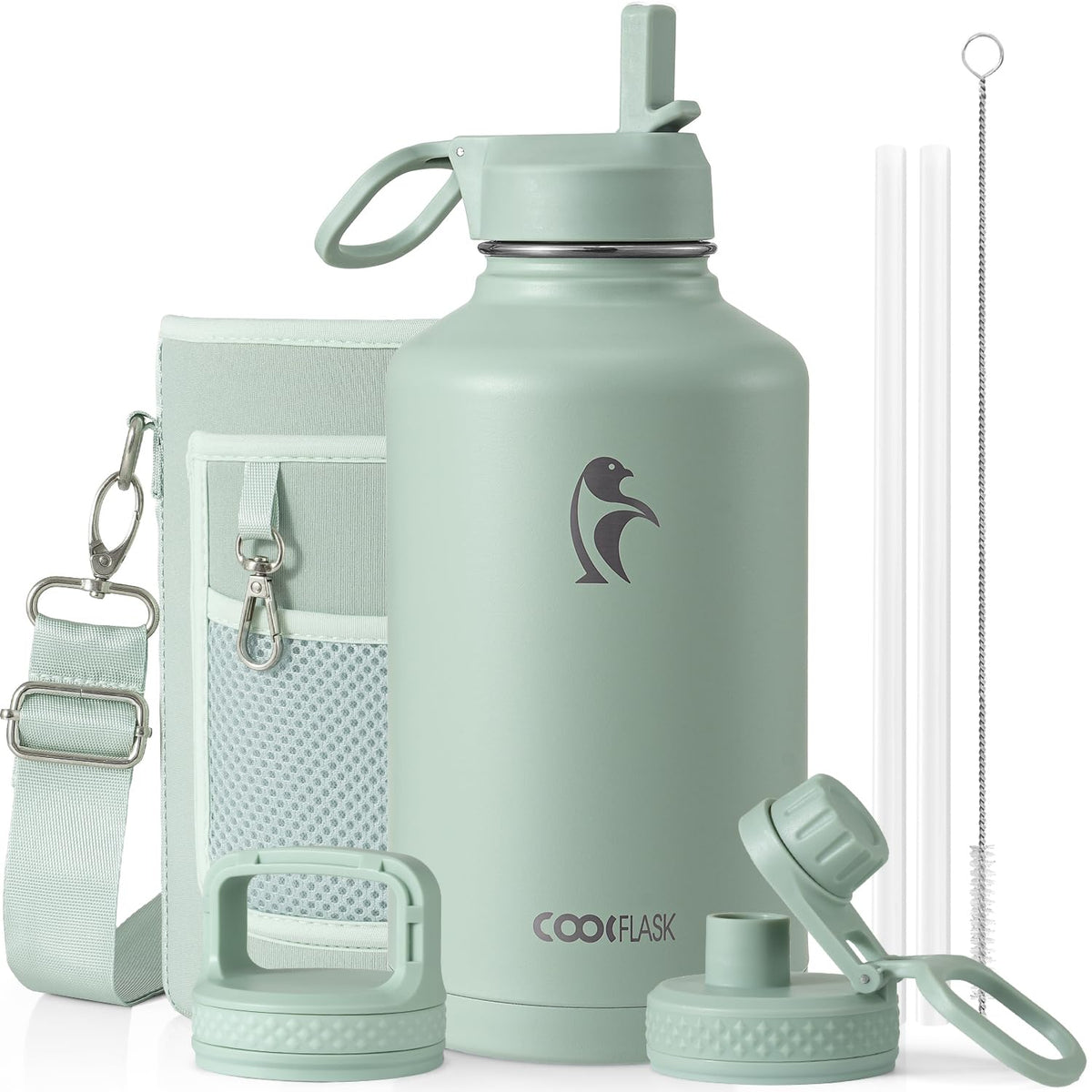 Coolflask Half Gallon Water Bottle Insulated with Straw & 3 Leakproof Lids