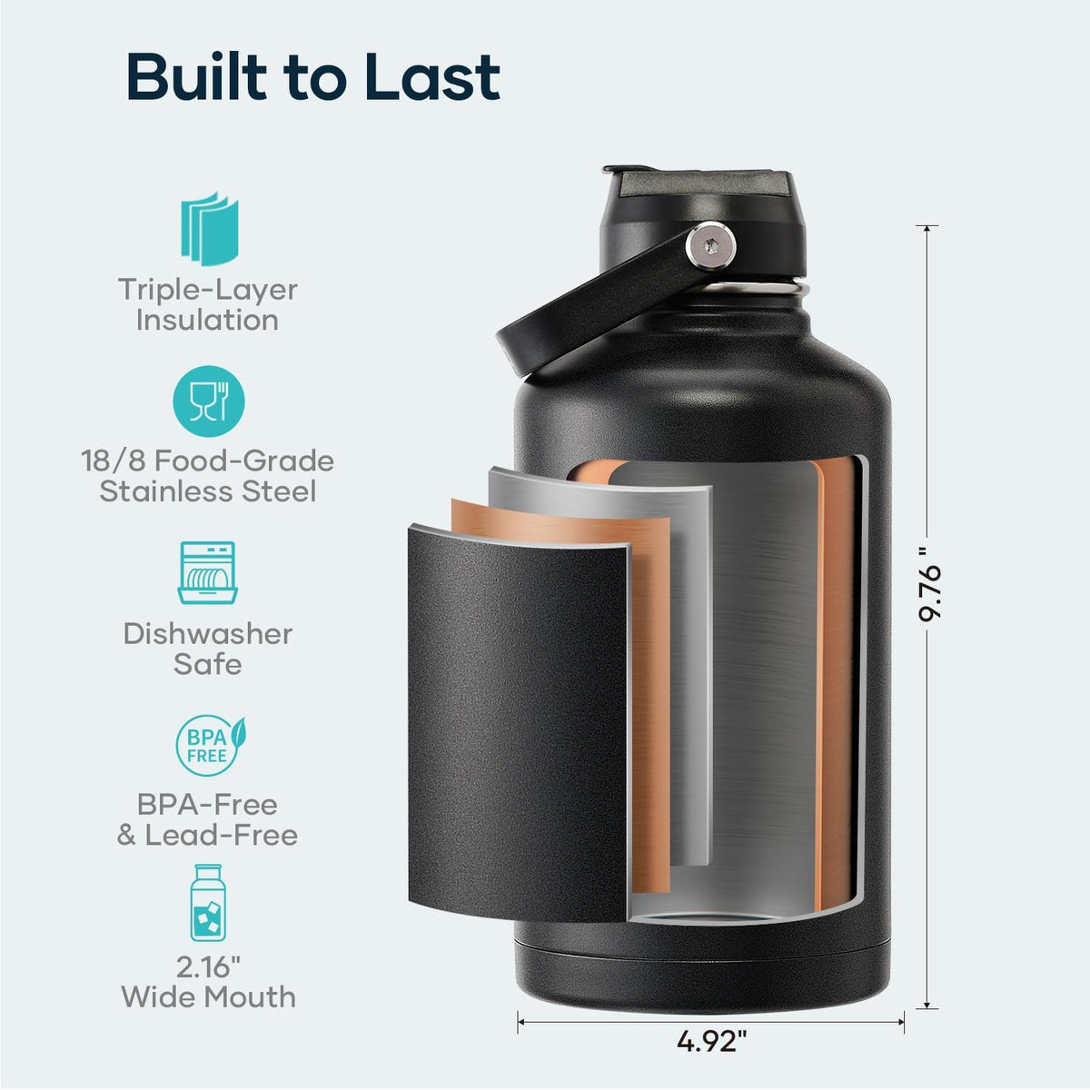 BUZIO 64 oz Insulated Stainless Steel Water Bottle with Dust-proof Lids