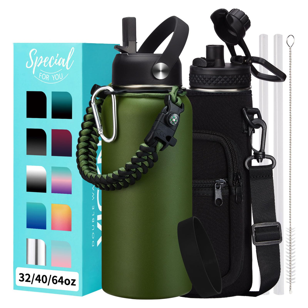 32/40/64OZ Insulated Water Bottle - Keep Cold 48H Hot 24H, Combo Straw/Spout Lids, Paracord Handle for Gym/Hiking, Carrier Bag +Strap, Cup Mat, BPA-Free Stainless Steel Flask Jug