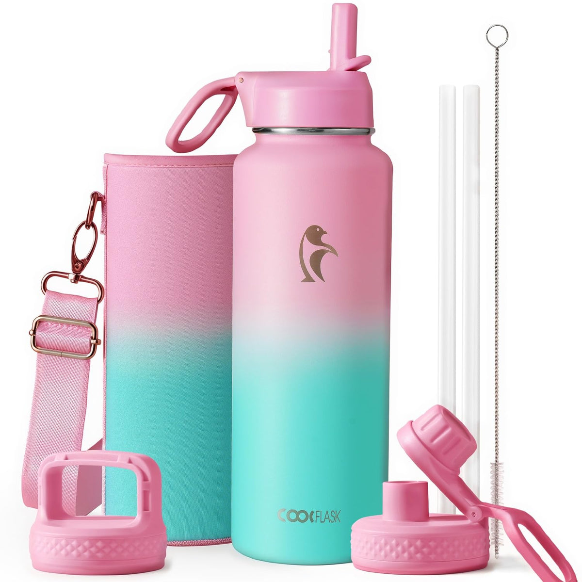 Coolflask Half Gallon Water Bottle Insulated with Straw & 3 Leakproof Lids