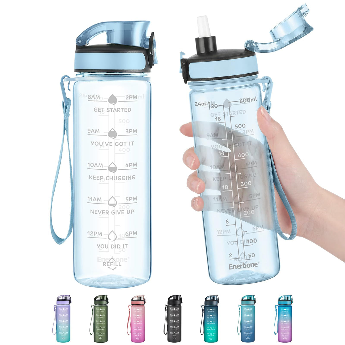 Enerbone Water Bottle, Leakproof BPA & Toxic Free, Motivational Water Bottle with Times to Drink and Straw, Fitness Sports Water Bottle with Strap for Office, Gym, Outdoor Sports