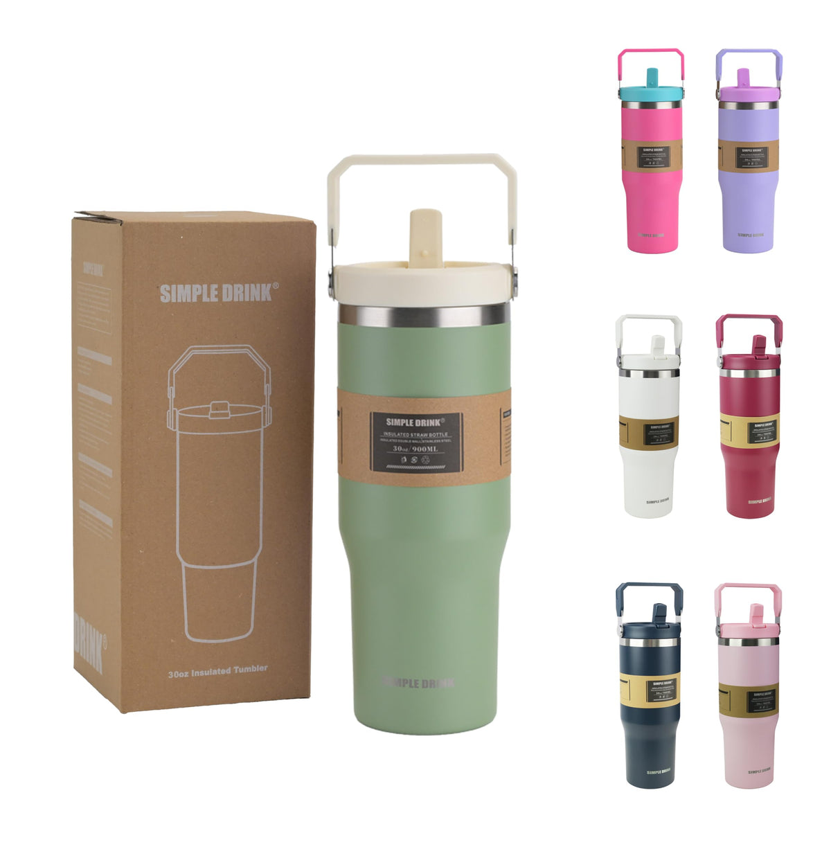 30oz Flip Straw Insulated Water Bottle with Handle, Leak Proof Stainless Steel Travel Tumbler With Lid, Double Wall Vacuum Iced Coffee Travel Mug, Sport Cup, Outside use