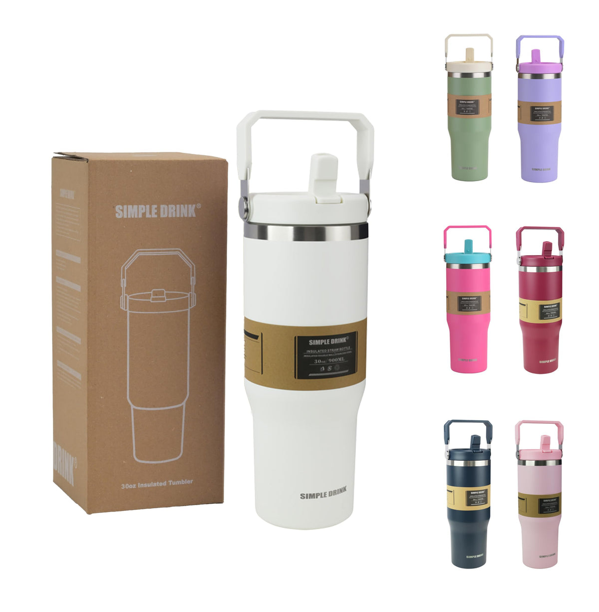 30oz Flip Straw Insulated Water Bottle with Handle, Leak Proof Stainless Steel Travel Tumbler With Lid, Double Wall Vacuum Iced Coffee Travel Mug, Sport Cup, Outside use