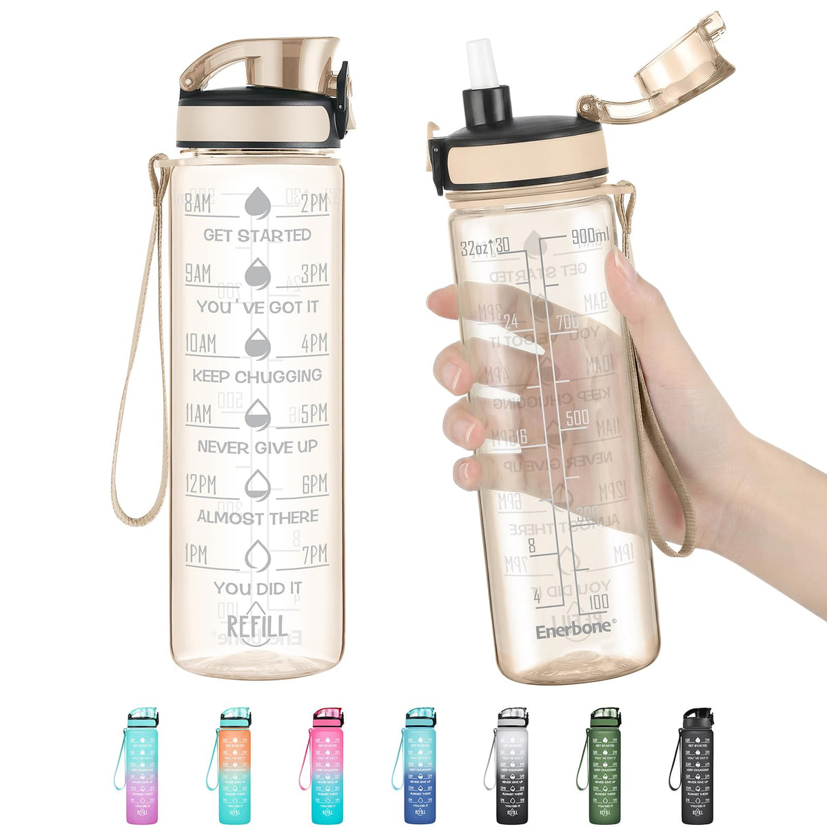 Enerbone Water Bottle, Leakproof BPA & Toxic Free, Motivational Water Bottle with Times to Drink and Straw, Fitness Sports Water Bottle with Strap for Office, Gym, Outdoor Sports