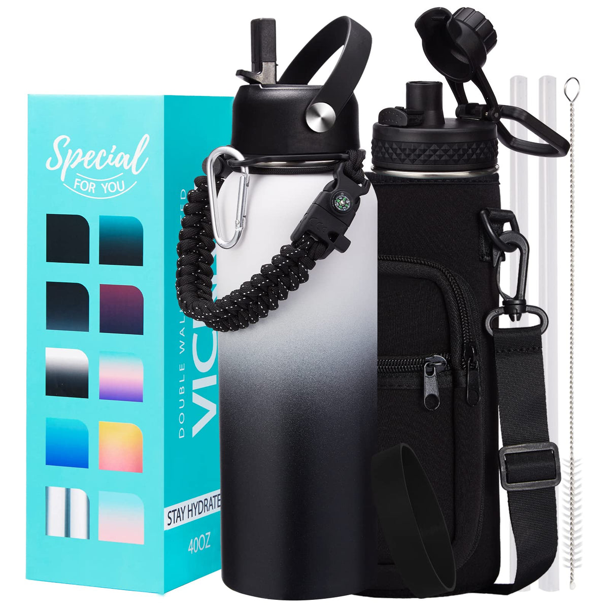 32/40/64OZ Insulated Water Bottle - Keep Cold 48H Hot 24H, Combo Straw/Spout Lids, Paracord Handle for Gym/Hiking, Carrier Bag +Strap, Cup Mat, BPA-Free Stainless Steel Flask Jug