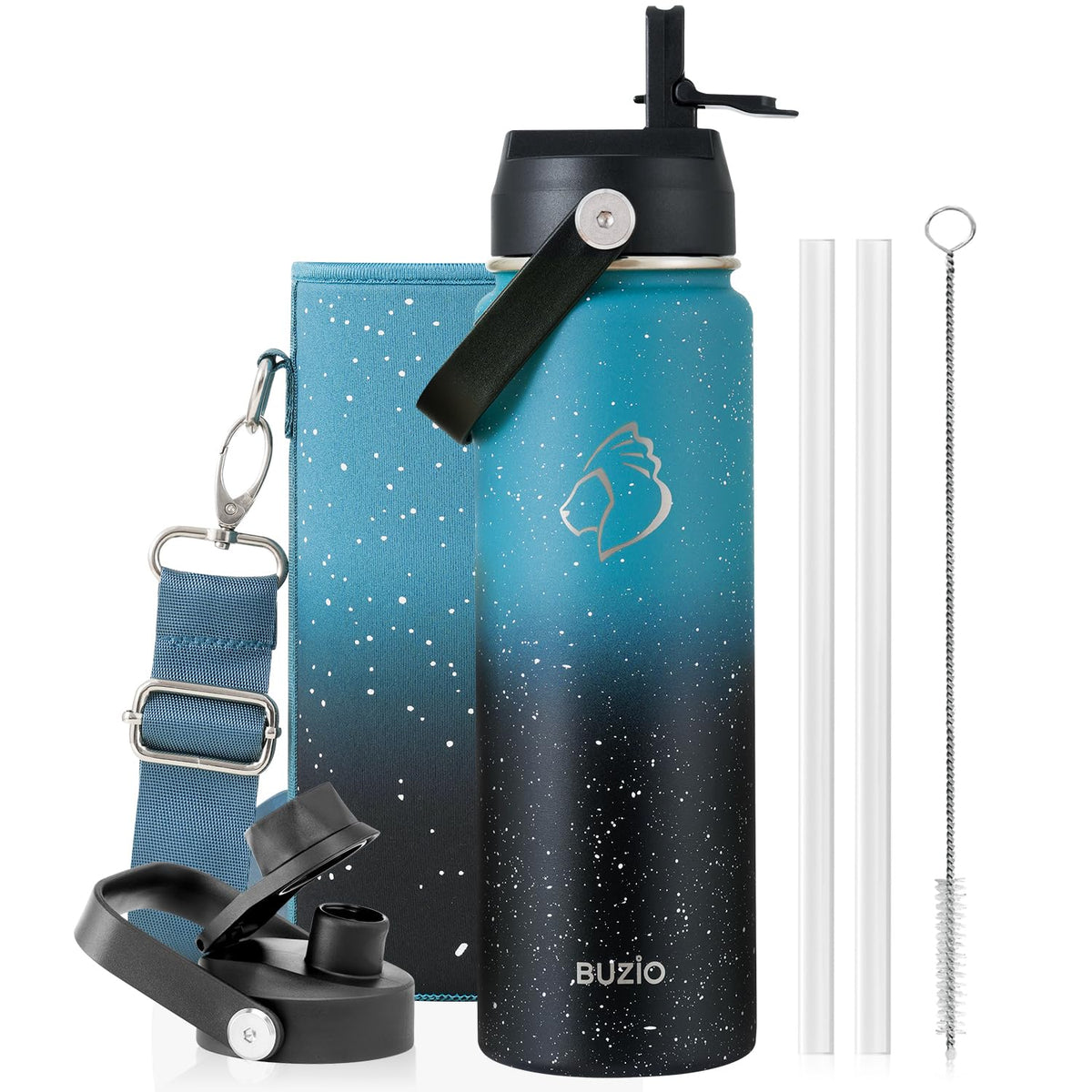 BUZIO 64 oz Insulated Stainless Steel Water Bottle with Dust-proof Lids