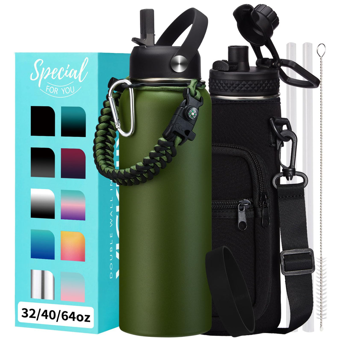 32/40/64OZ Insulated Water Bottle - Keep Cold 48H Hot 24H, Combo Straw/Spout Lids, Paracord Handle for Gym/Hiking, Carrier Bag +Strap, Cup Mat, BPA-Free Stainless Steel Flask Jug