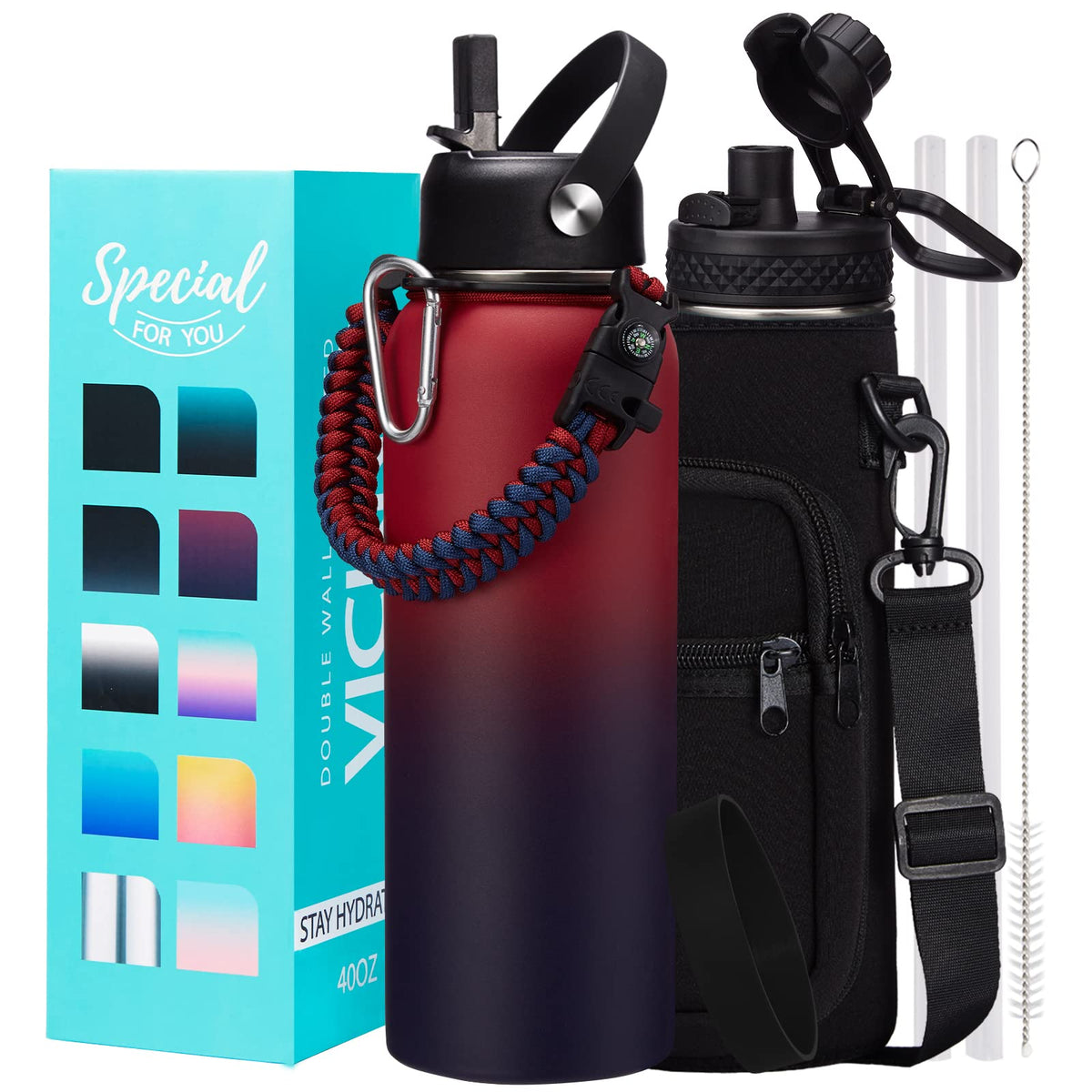 32/40/64OZ Insulated Water Bottle - Keep Cold 48H Hot 24H, Combo Straw/Spout Lids, Paracord Handle for Gym/Hiking, Carrier Bag +Strap, Cup Mat, BPA-Free Stainless Steel Flask Jug