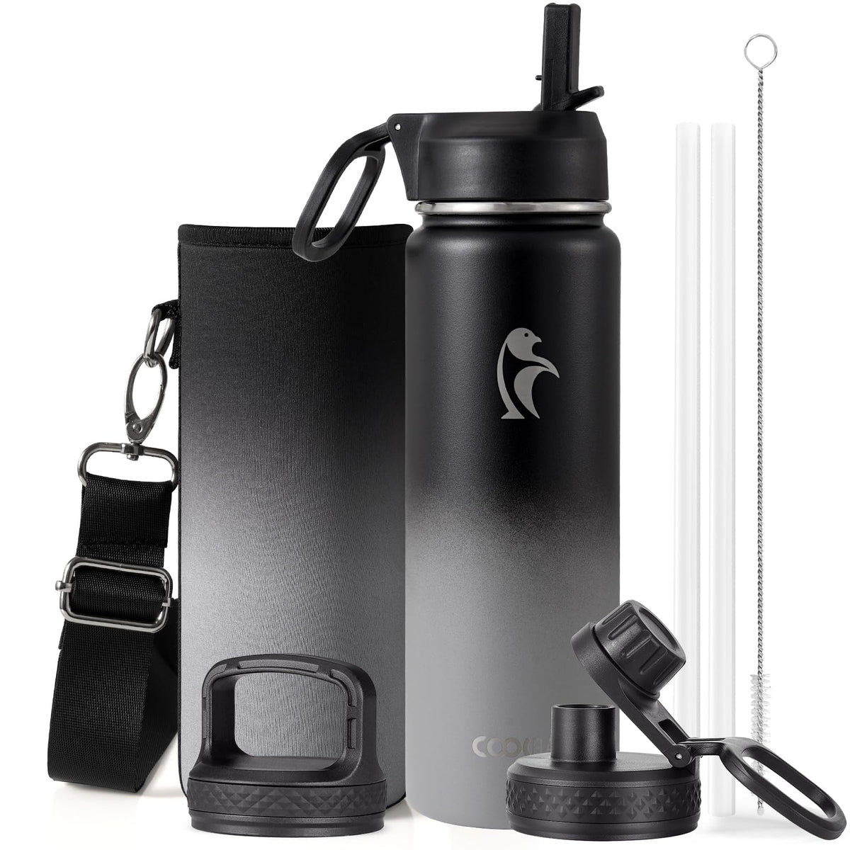 Coolflask Half Gallon Water Bottle Insulated with Straw & 3 Leakproof Lids