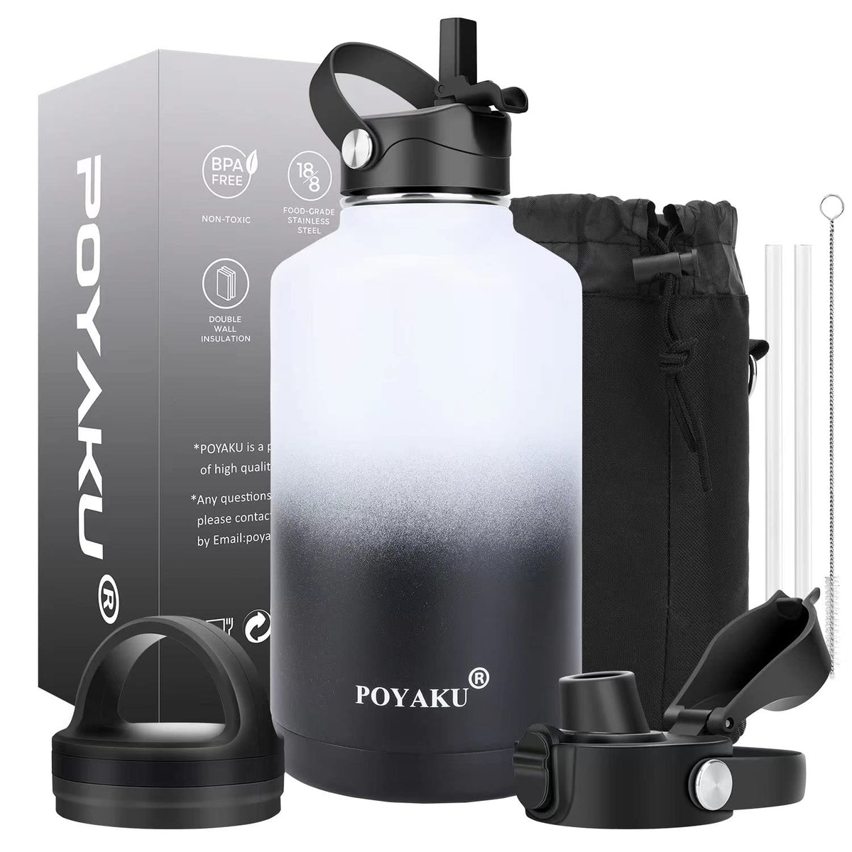 Water Bottle Insulated 32oz 40oz 64oz 128oz Straw Lid Spout Lid & 3 Lids, Leak Proof, Vacuum Insulated,Stainless Steel Water Bottle Wide Mouth for Sports, Gym or Office