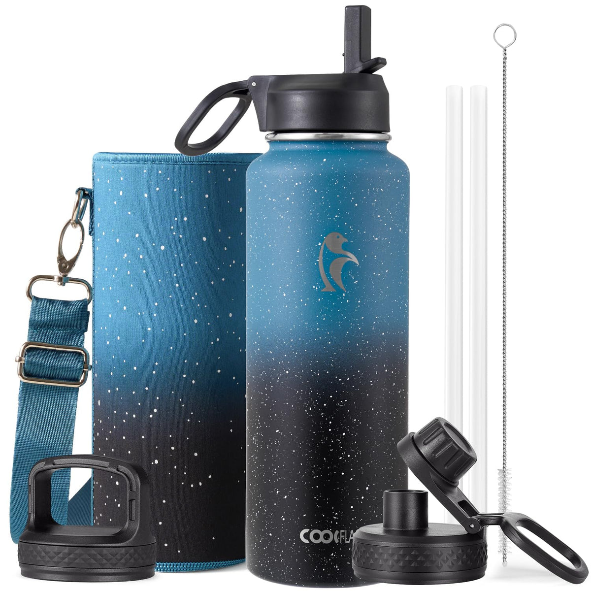 Coolflask Half Gallon Water Bottle Insulated with Straw & 3 Leakproof Lids