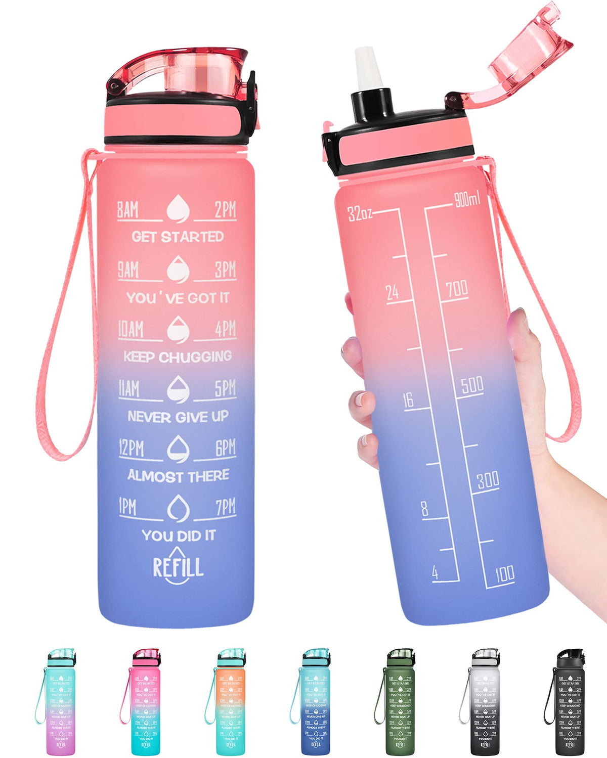 Enerbone Water Bottle, Leakproof BPA & Toxic Free, Motivational Water Bottle with Times to Drink and Straw, Fitness Sports Water Bottle with Strap for Office, Gym, Outdoor Sports