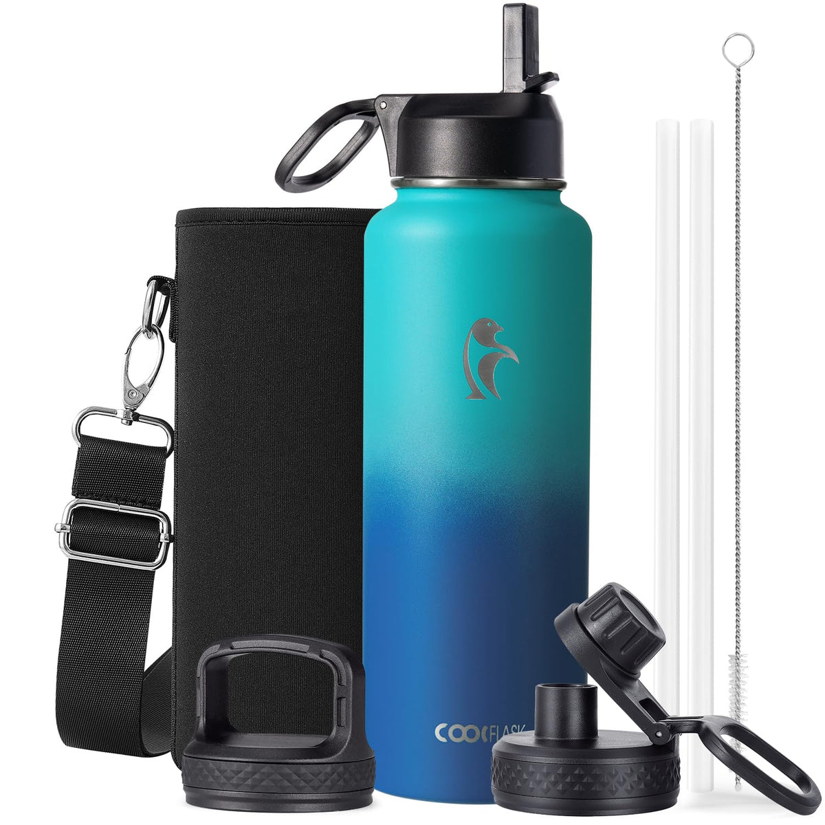 Coolflask Half Gallon Water Bottle Insulated with Straw & 3 Leakproof Lids