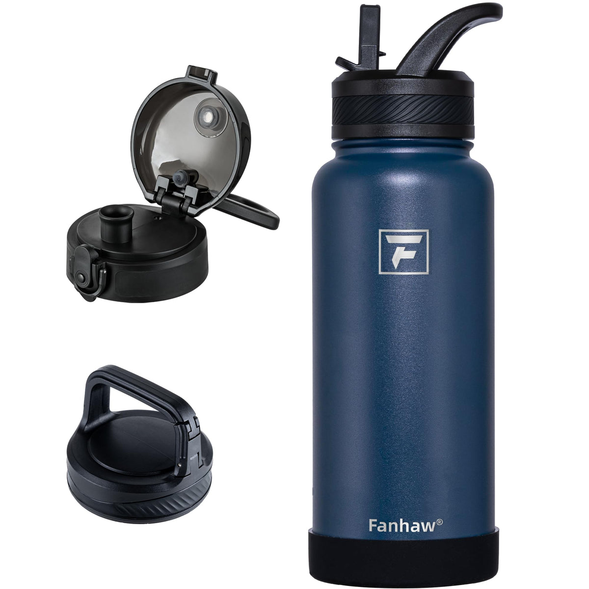 Fanhaw 32 oz Insulated Water Bottle – Portable Stainless Steel Flask with 3 Lids (Straw, Chug, Carabiner) | Leakproof, for Gym, Hiking, Work, Travel & Everyday Use (Black)