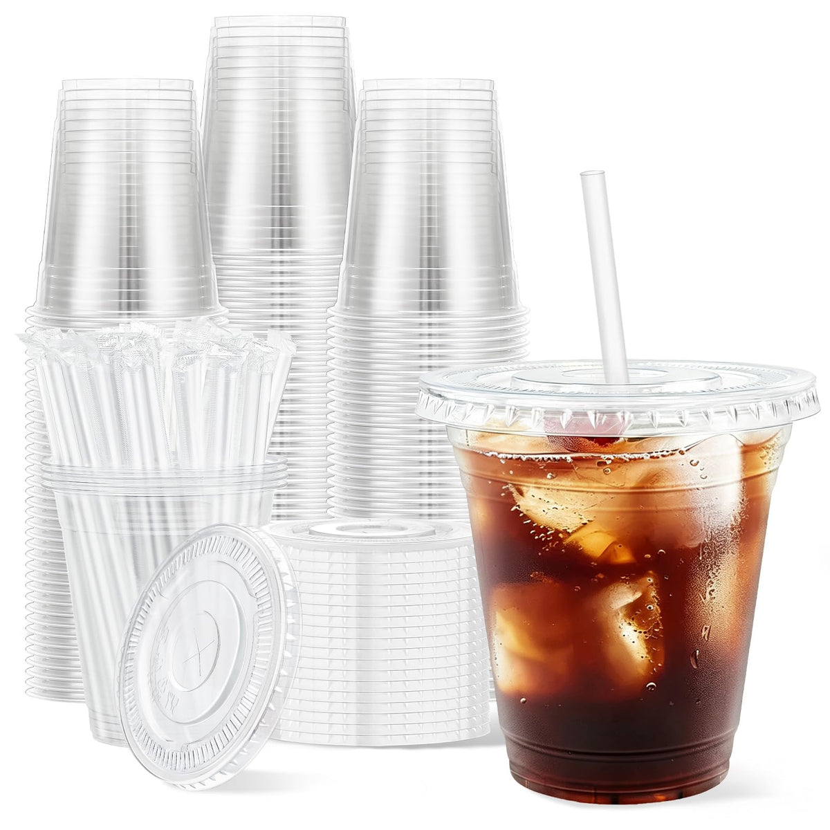 Clawsoff 100 Pack 20 oz Disposable Clear Plastic Cups with Lids and Straws