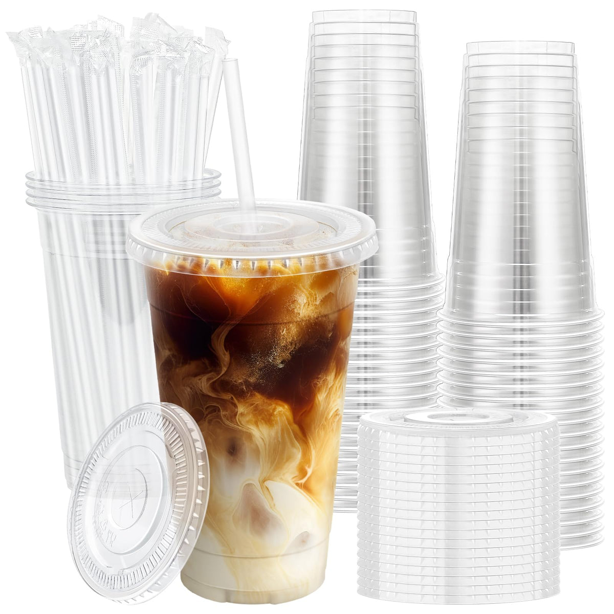 Lamosi 100 Pack 20 oz Plastic Coffee Cups with Lids, Disposable Clear Cups
