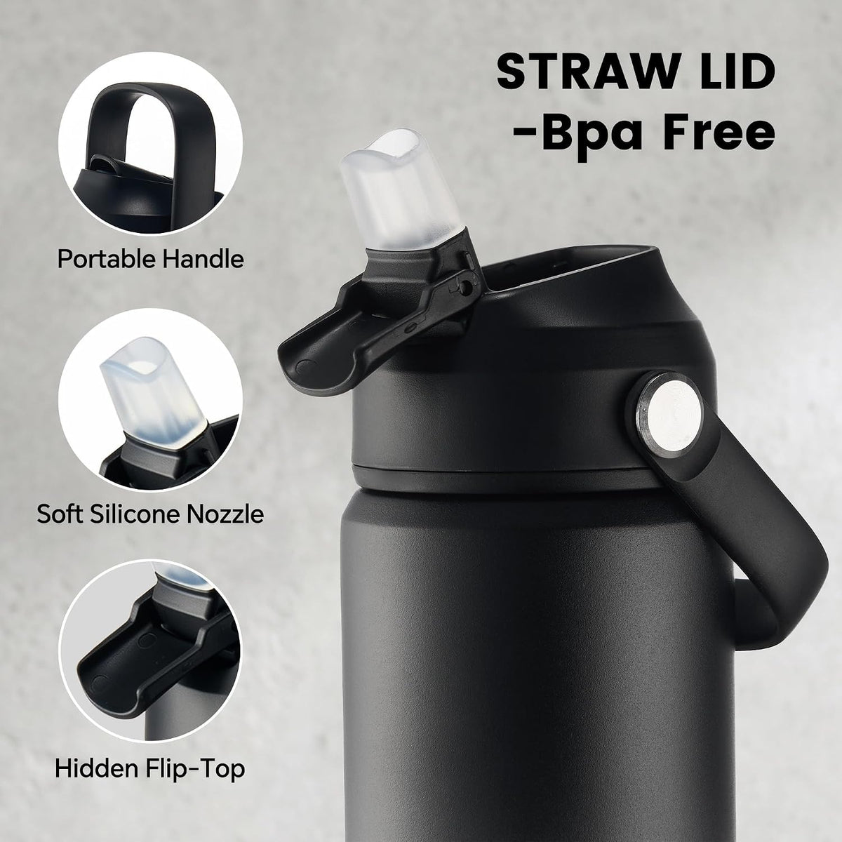 Fijinhom 18oz Insulated Stainless Steel Water Bottle, Wide Mouth Double Wall Vacuum, Silicone Straw, Sweat & Leak Proof, BPA Free Insulated Water Flask for Travel, Keep Cold 24h Hot 12h, Black