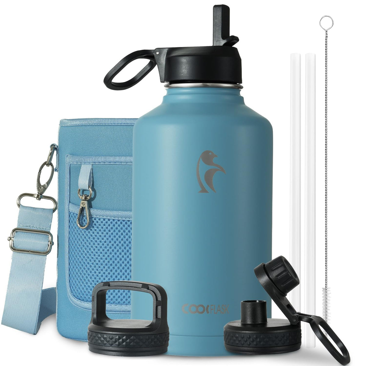 Coolflask 40 oz Water Bottle Insulated with Straw & 3 Leakproof Lids