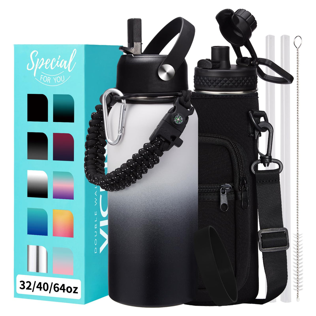 32/40/64OZ Insulated Water Bottle - Keep Cold 48H Hot 24H, Combo Straw/Spout Lids, Paracord Handle for Gym/Hiking, Carrier Bag +Strap, Cup Mat, BPA-Free Stainless Steel Flask Jug