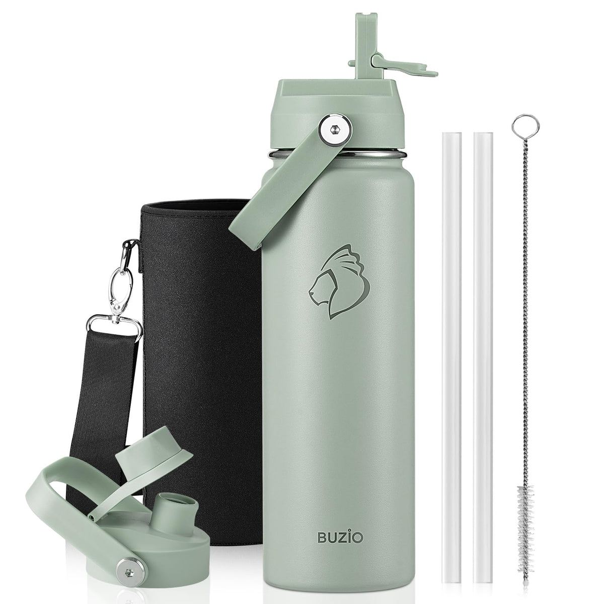 BUZIO 64 oz Insulated Stainless Steel Water Bottle with Dust-proof Lids