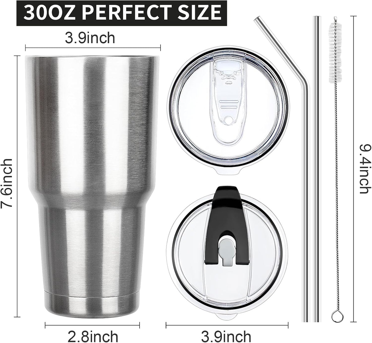 30 oz Tumbler with Lids and Straws Double Wall Insulated Tumbler Cup,Stainless Steel Leak-proof Thermal Coffee Tumbler Powder Coated Travel Mug for Cold and Hot Beverages,Silver