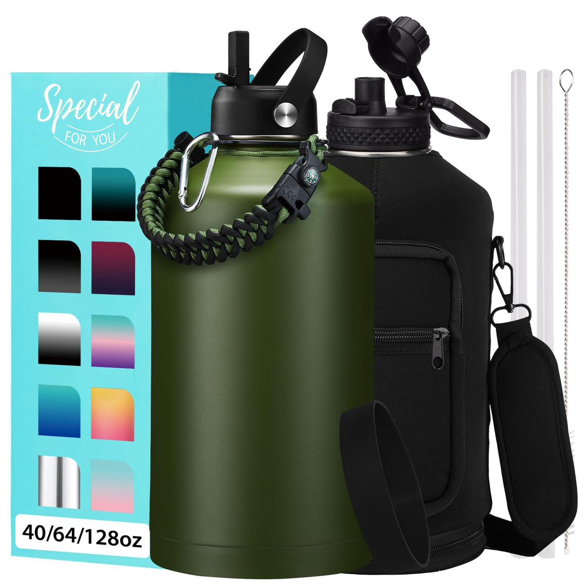 32/40/64OZ Insulated Water Bottle - Keep Cold 48H Hot 24H, Combo Straw/Spout Lids, Paracord Handle for Gym/Hiking, Carrier Bag +Strap, Cup Mat, BPA-Free Stainless Steel Flask Jug