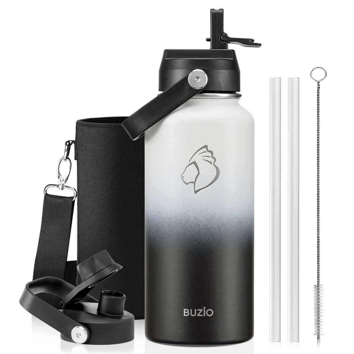BUZIO 64 oz Insulated Stainless Steel Water Bottle with Dust-proof Lids