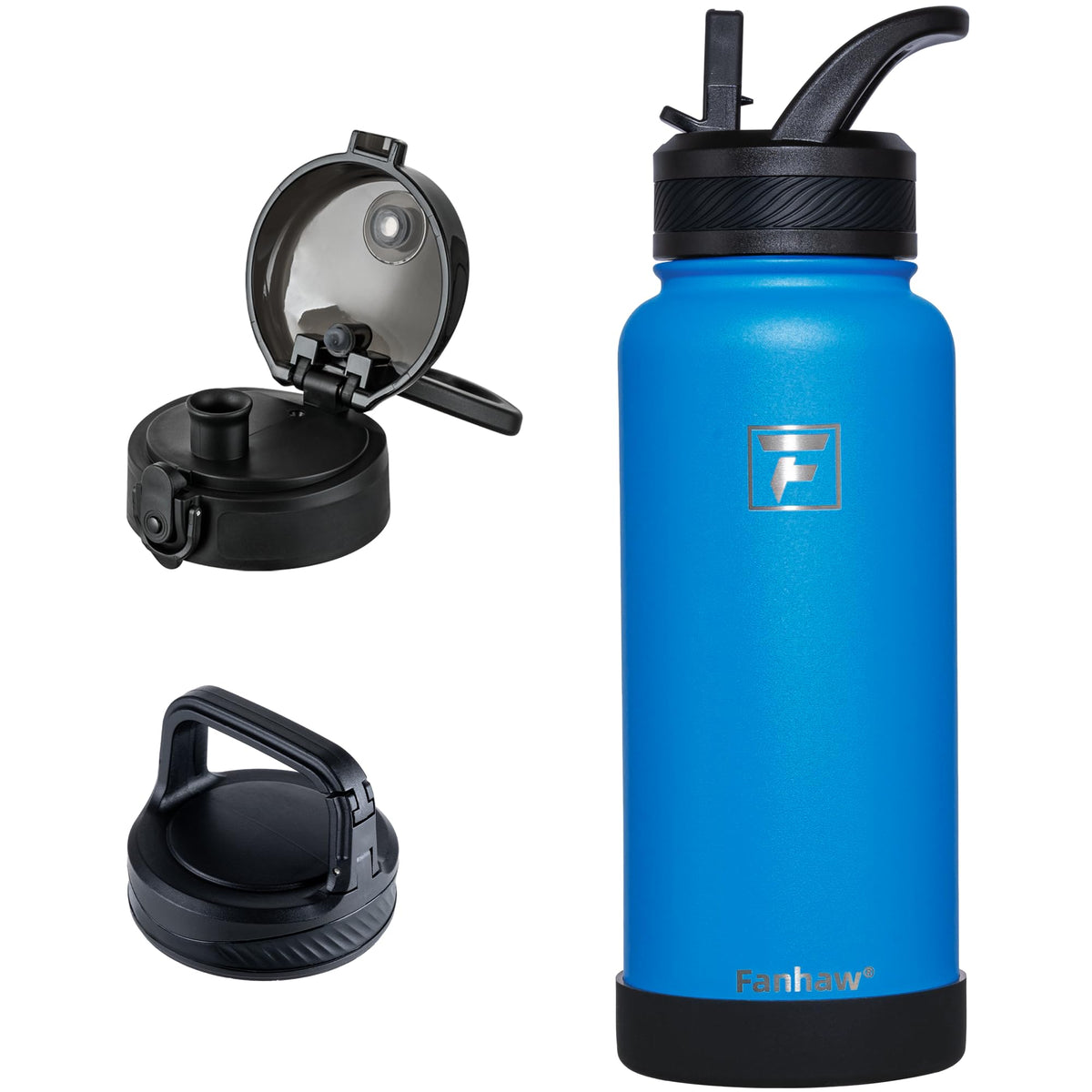 Fanhaw 32 oz Insulated Water Bottle – Portable Stainless Steel Flask with 3 Lids (Straw, Chug, Carabiner) | Leakproof, for Gym, Hiking, Work, Travel & Everyday Use (Black)