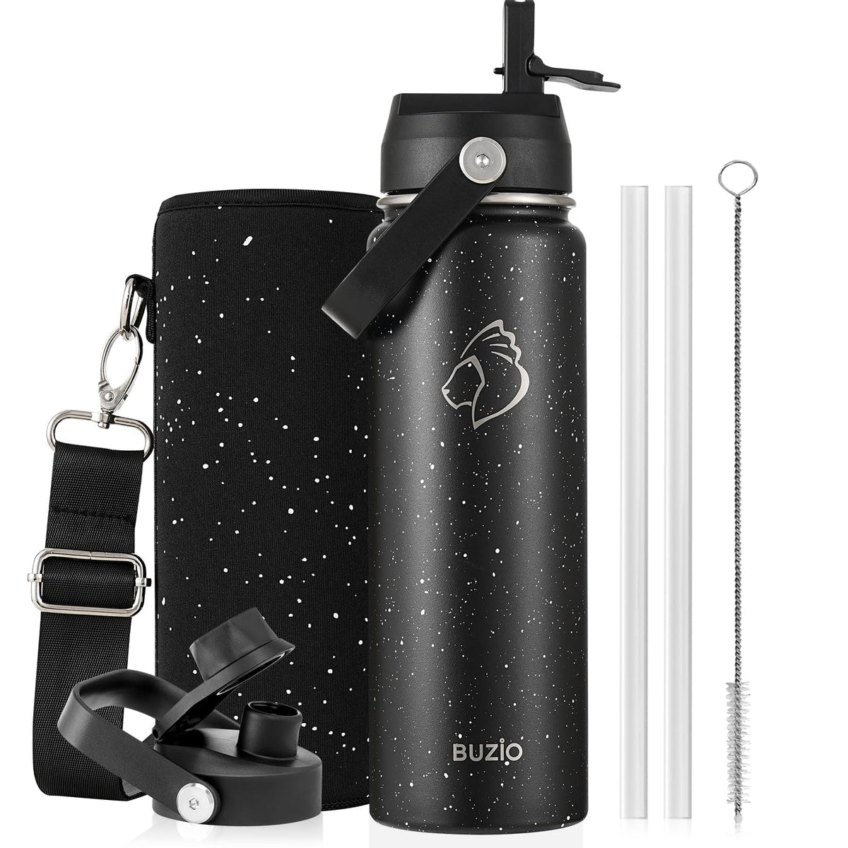 BUZIO 64 oz Insulated Stainless Steel Water Bottle with Dust-proof Lids
