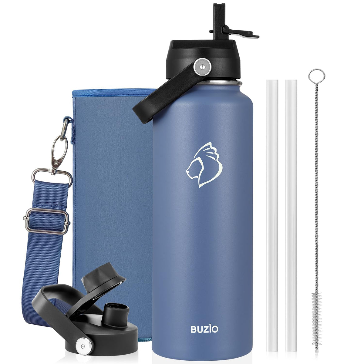 BUZIO 64 oz Insulated Stainless Steel Water Bottle with Dust-proof Lids