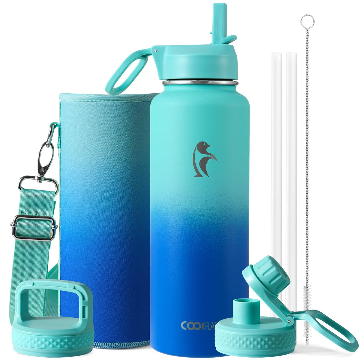 Coolflask 40 oz Water Bottle Insulated with Straw & 3 Leakproof Lids
