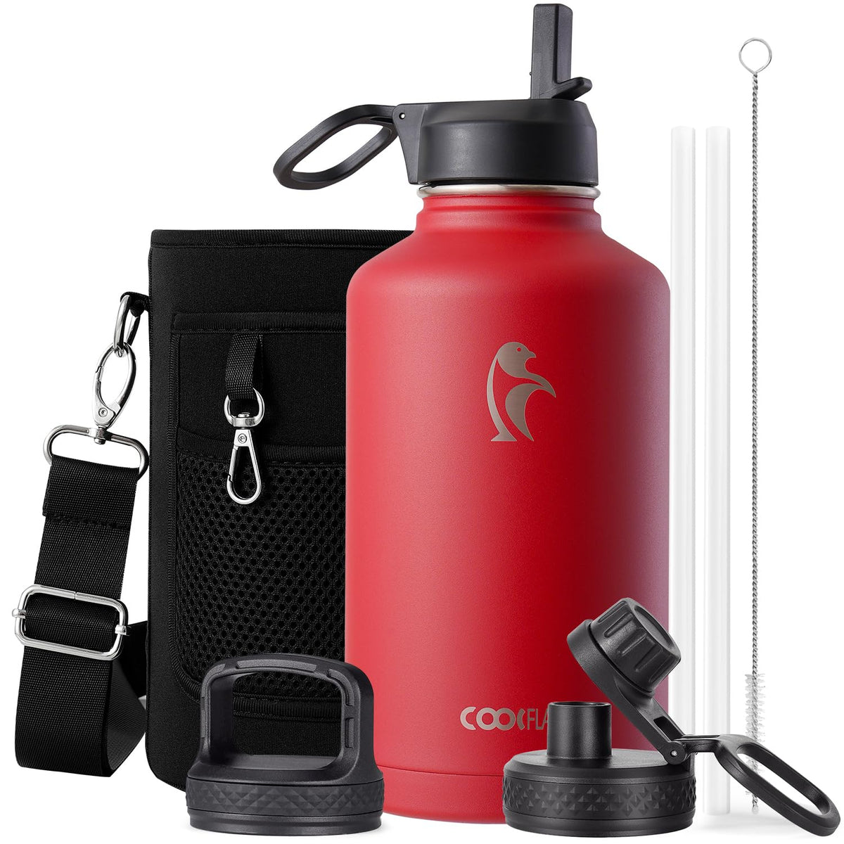 Coolflask 40 oz Water Bottle Insulated with Straw & 3 Leakproof Lids