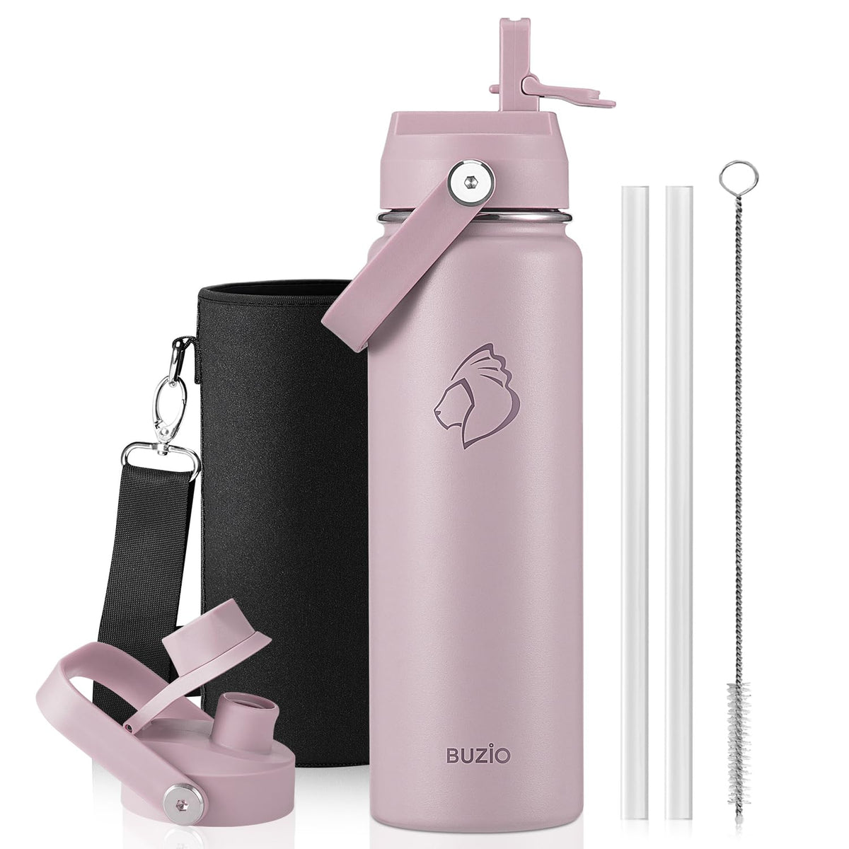 BUZIO 64 oz Insulated Stainless Steel Water Bottle with Dust-proof Lids