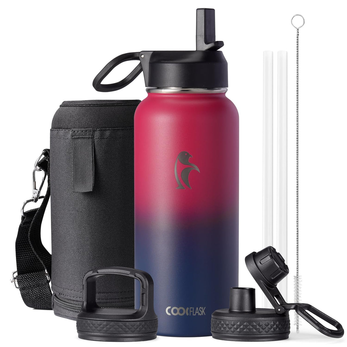 Coolflask Half Gallon Water Bottle Insulated with Straw & 3 Leakproof Lids