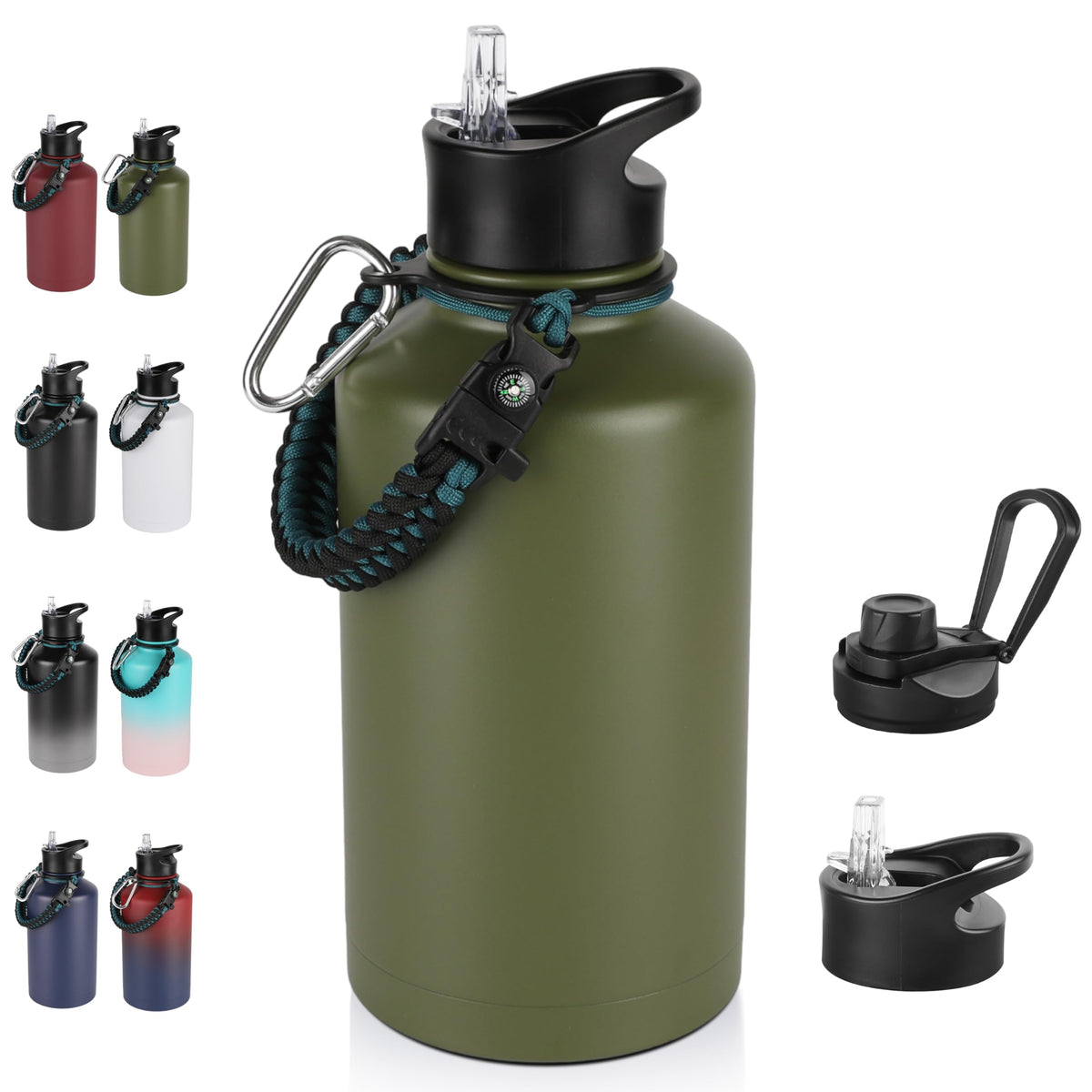 40 oz Insulated Water Bottle with Straw, Stainless Steel Sports Water Bottles with 2 Lids (Straw and Wide Mouth lid), Double Wall Vacuum, Leakproof, BPA-Free, Black